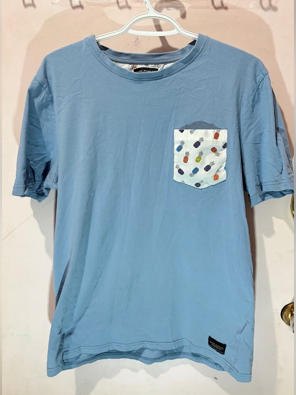 Silver Jeans Light Blue Tee with Multicolor Pineapple Pocket